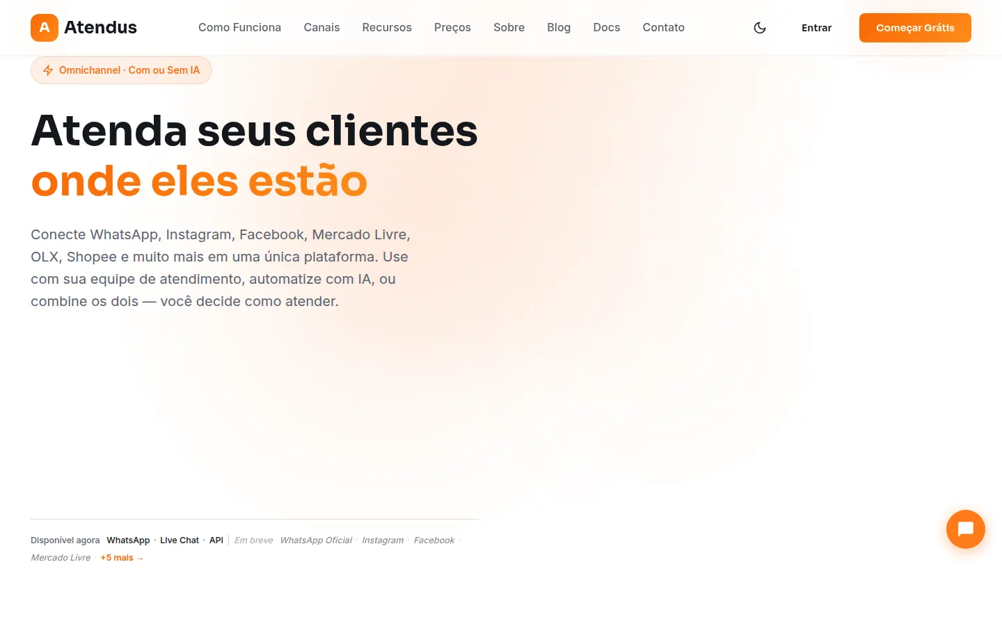 Página inicial da Atendus, com o título "Atenda seus clientes onde eles estão" e a lista de canais suportados pela plataforma.