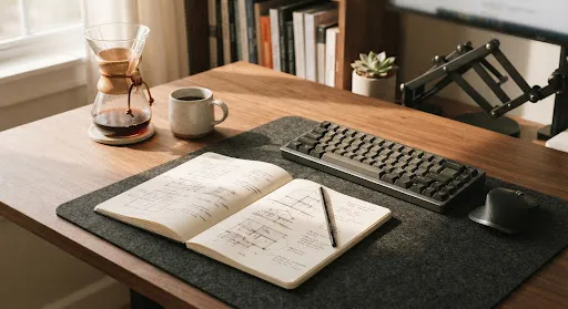 Mesa de trabalho minimalista com café coado, teclado mecânico e um caderno aberto com anotações.